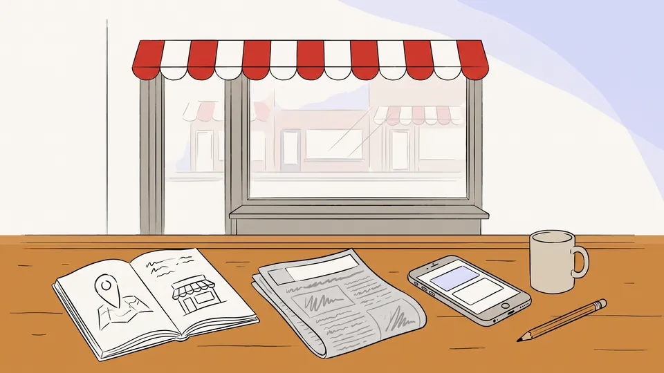 Illustration : Carnet de notes, journal local et smartphone sur le comptoir d'un commerce