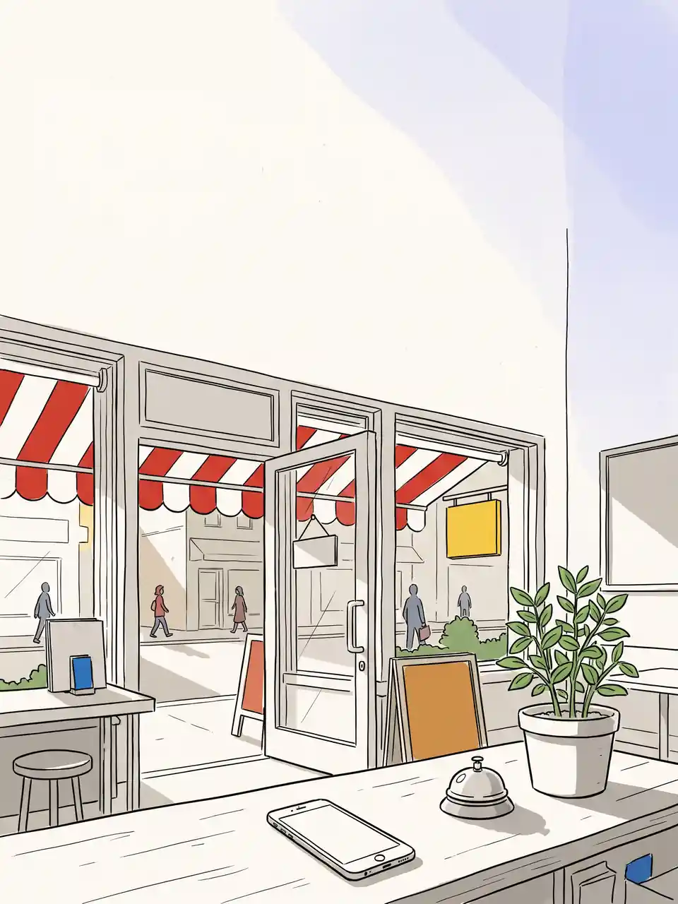 Illustration : Comptoir d'accueil d'un commerce local avec un téléphone posé et la porte ouverte sur la rue