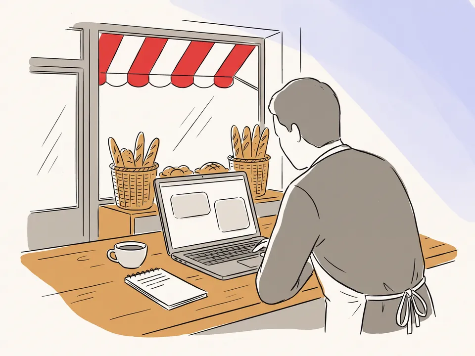 Illustration : Commerçante et consultant échangent en visio depuis le comptoir d'une boulangerie