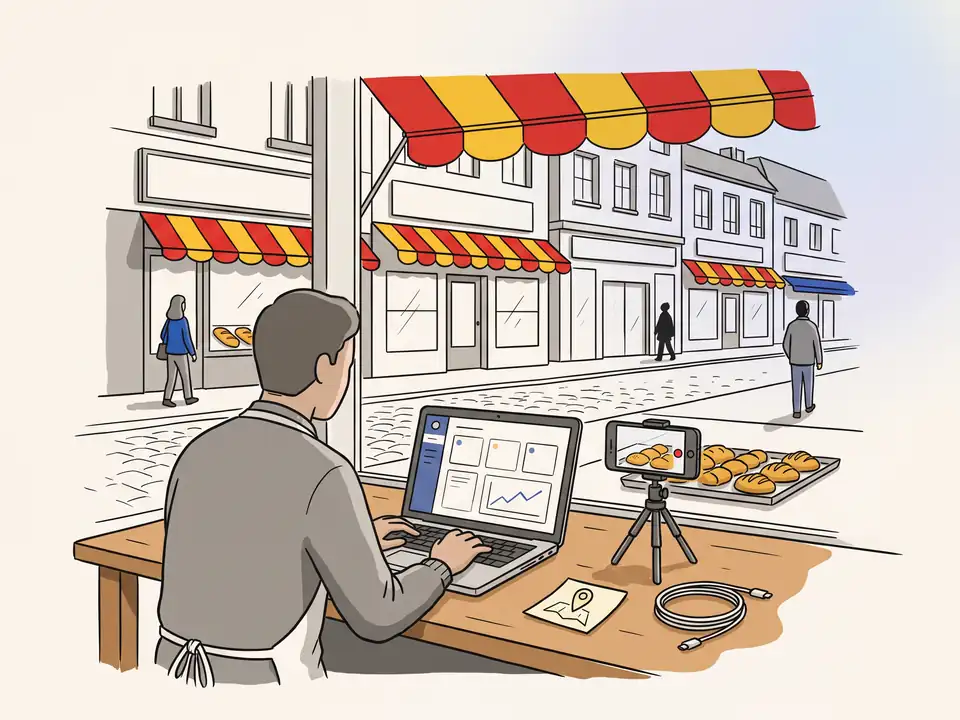 Illustration : Mise en place des leviers : site, réseaux sociaux et fiche Google suivis sur un tableau de bord