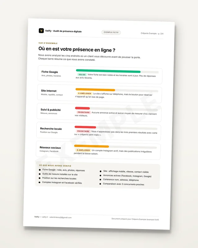 Page de synthèse du rapport : cinq axes (fiche Google, site, suivi et publicité, recherche locale, réseaux) avec niveau et constat