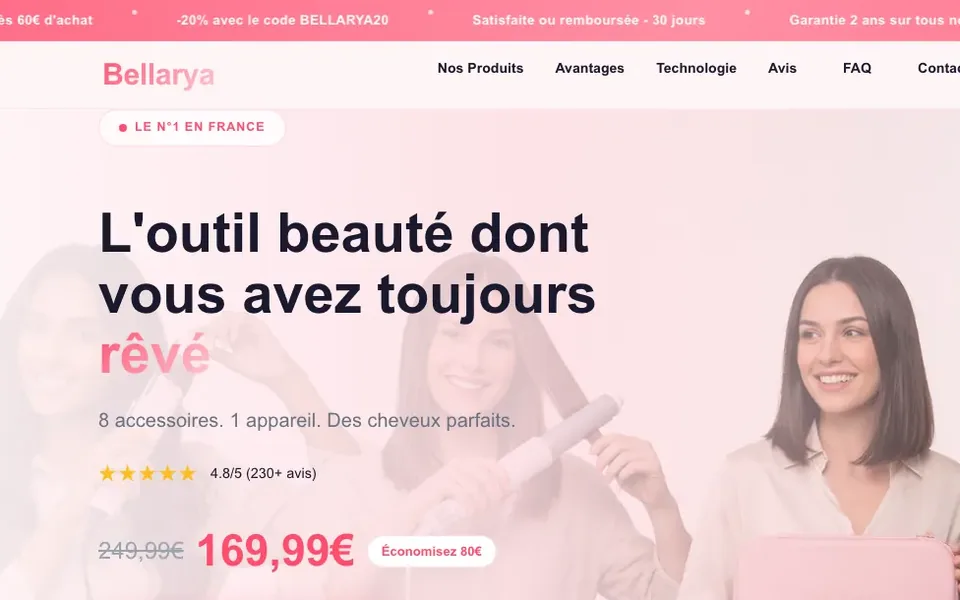 Page d'accueil du site Bellarya réalisé par Valify : accroche, avis et prix promotionnel visibles dès l'arrivée