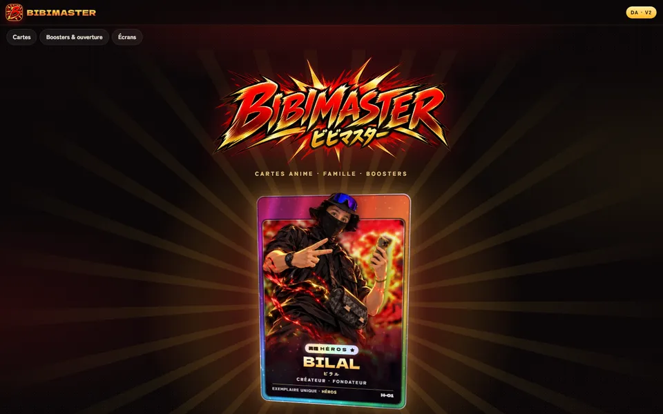 Planche de direction artistique BibiMaster V2 : logo et carte Héros exemple, exemplaire unique