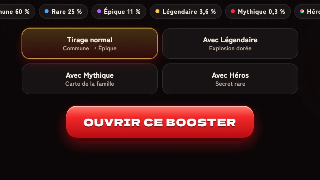 Ouverture d'un booster dans la DA BibiMaster : taux de rareté et types de tirage