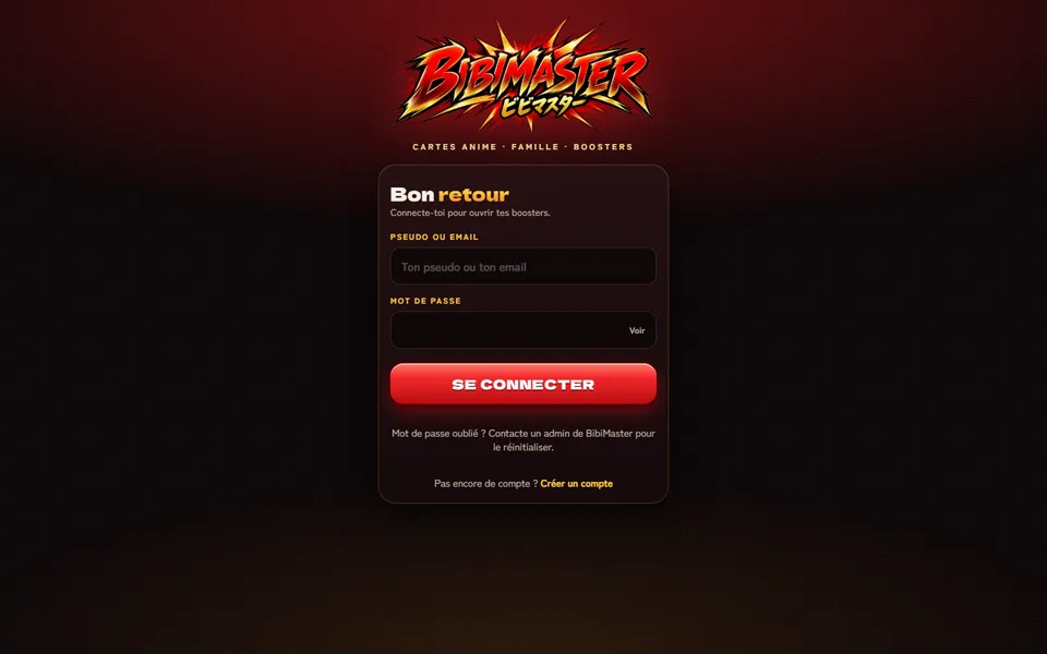 Écran de connexion de l'application BibiMaster, jeu de cartes à collectionner à l'univers anime