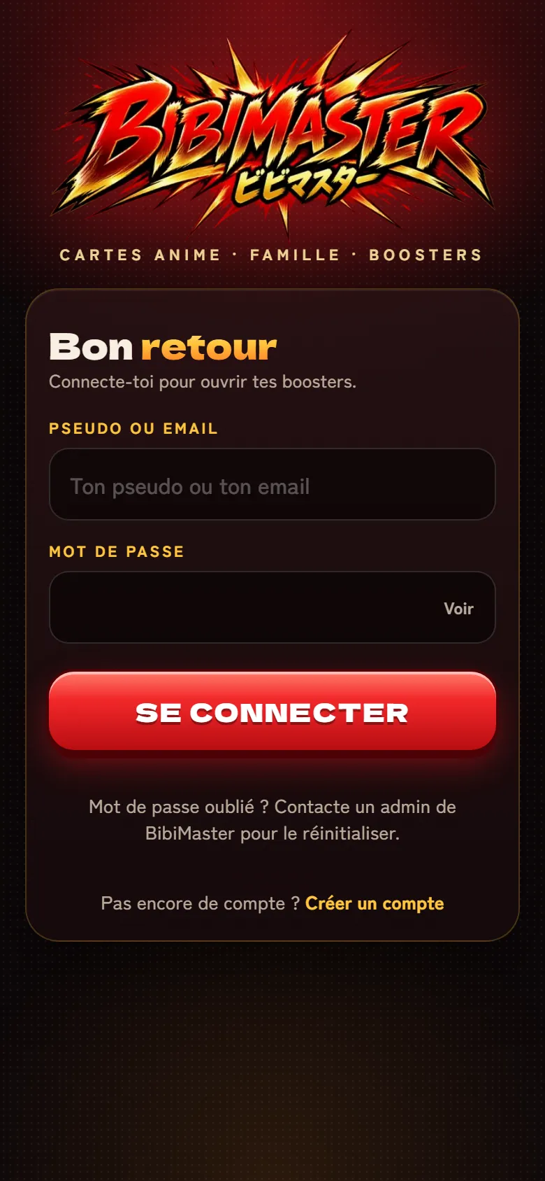 Écran de connexion mobile de BibiMaster