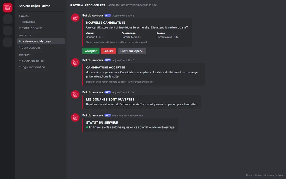Reconstitution d'un salon Discord : le bot annonce une nouvelle candidature avec boutons Accepter et Refuser, puis l'ouverture des douanes et le statut du serveur