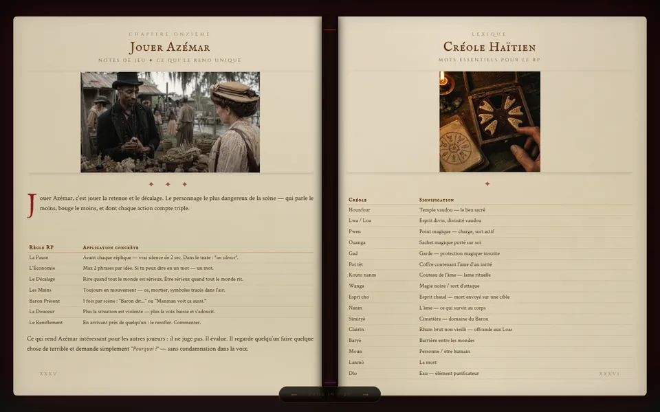 Double page Jouer Azémar et lexique de créole haïtien du Grimoire de Bwa-Mo