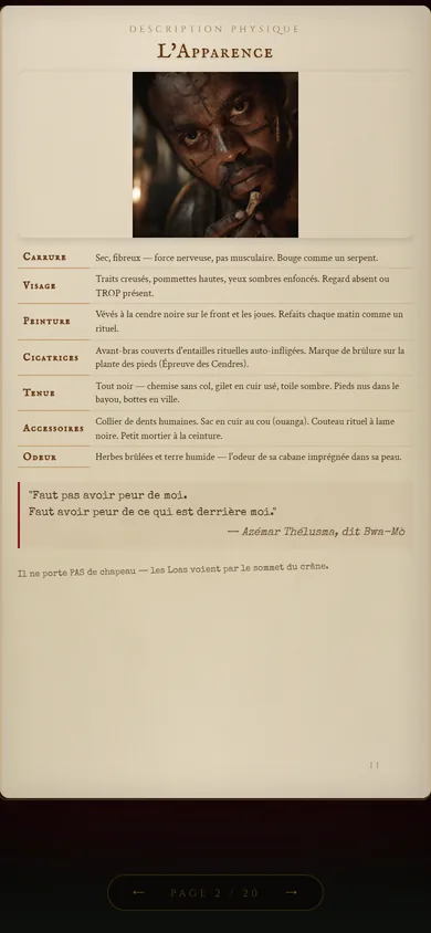 Version mobile du Grimoire de Bwa-Mo : page L'Apparence