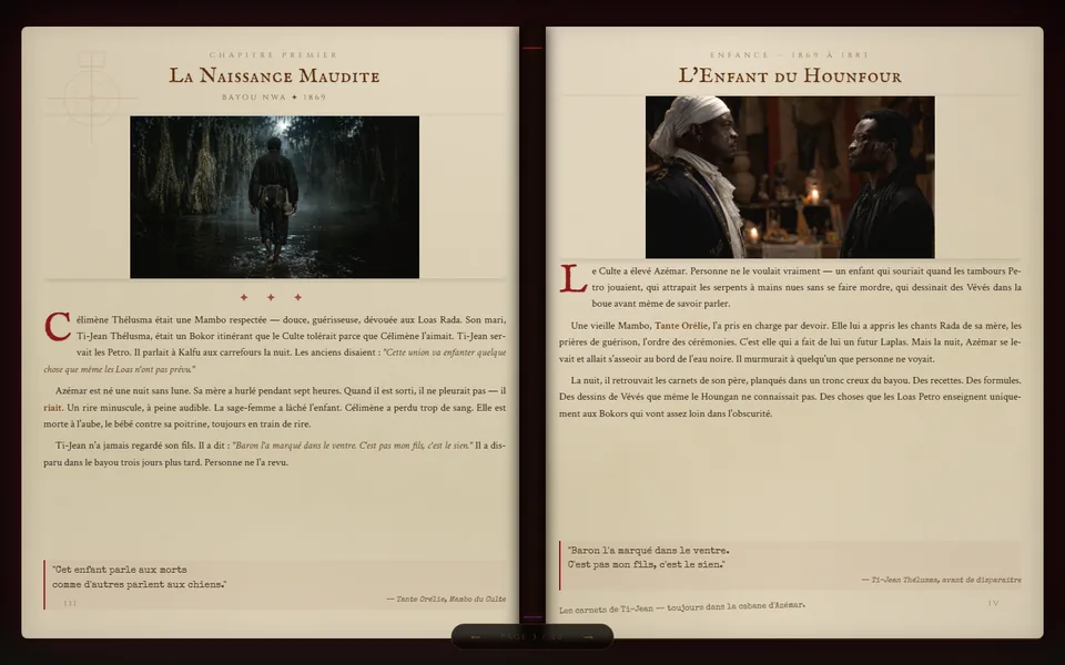 Double page La Naissance Maudite et L'Enfant du Hounfour du Grimoire de Bwa-Mo