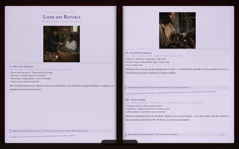 Double page Livre des Rituels du Grimoire de Bwa-Mo, sur parchemin teinté