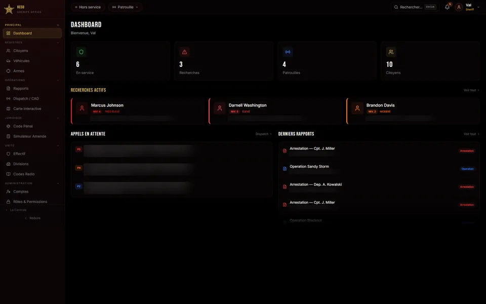 Tableau de bord de La Centrale : agents en service, recherches actives, appels en attente et derniers rapports