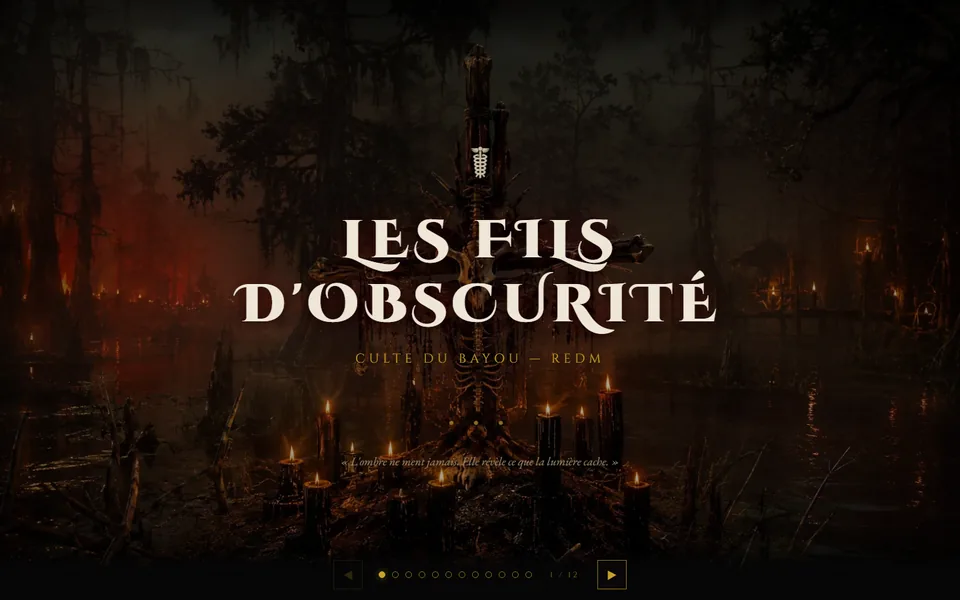 Page d'accueil du site Les Fils d'Obscurité réalisé par Valify : titre sur fond de bayou éclairé à la bougie