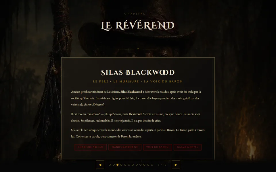 Écran Le Révérend du site Les Fils d'Obscurité : présentation de Silas Blackwood