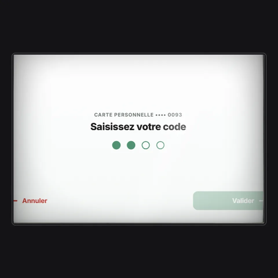 Écran de saisie du code de la carte au distributeur, deux chiffres sur quatre saisis