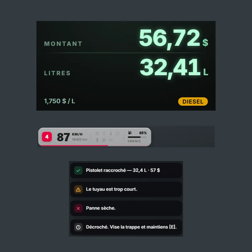 Écran de pompe avec montant et litres, compteur du véhicule et notifications de ravitaillement