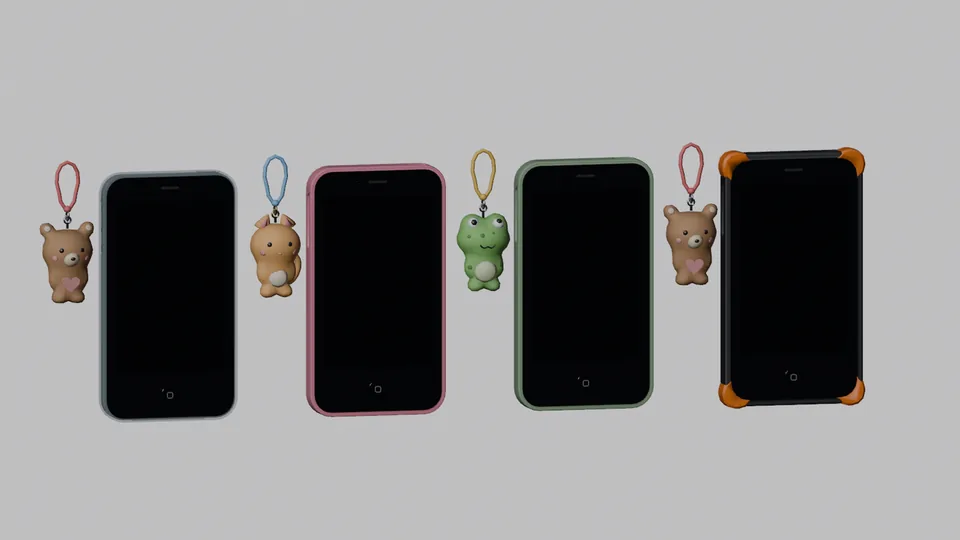 Quatre téléphones dans des coques de couleurs différentes, chacun avec un porte-clés en forme d'animal