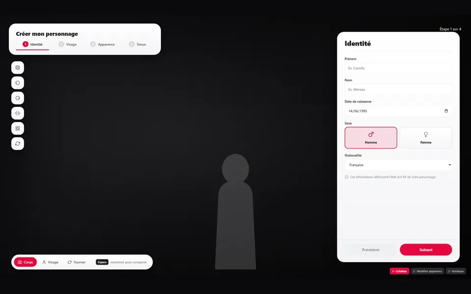 Interface du créateur de personnage : étape Identité avec prénom, nom, date de naissance, sexe et nationalité