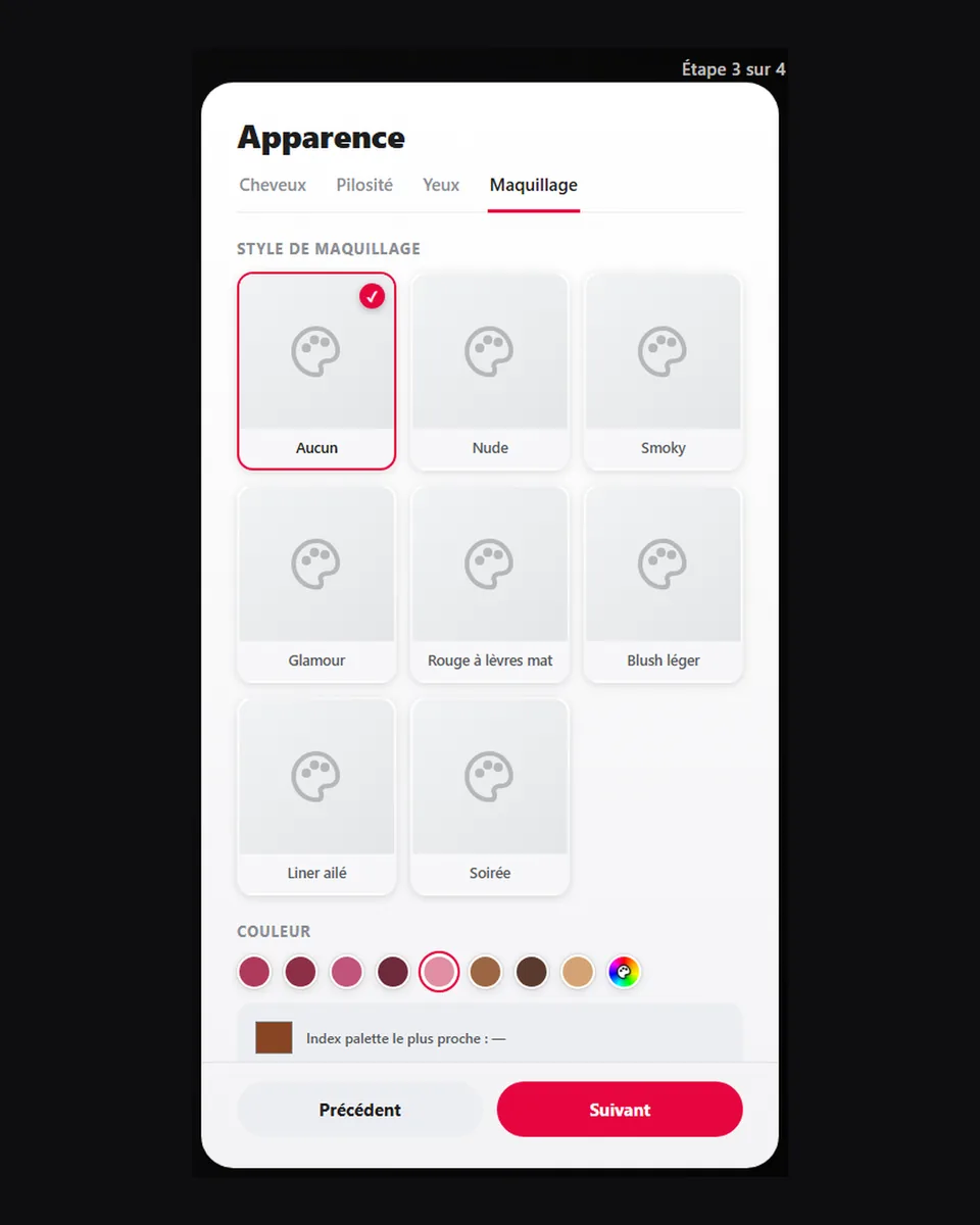 Panneau Apparence du créateur de personnage : choix du maquillage et palette de couleurs