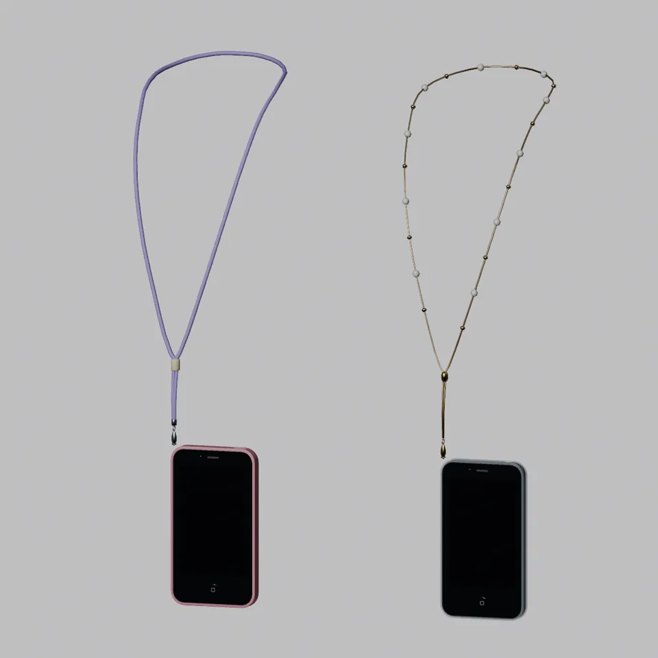 Deux dragonnes de téléphone : un cordon violet et une chaîne dorée à perles