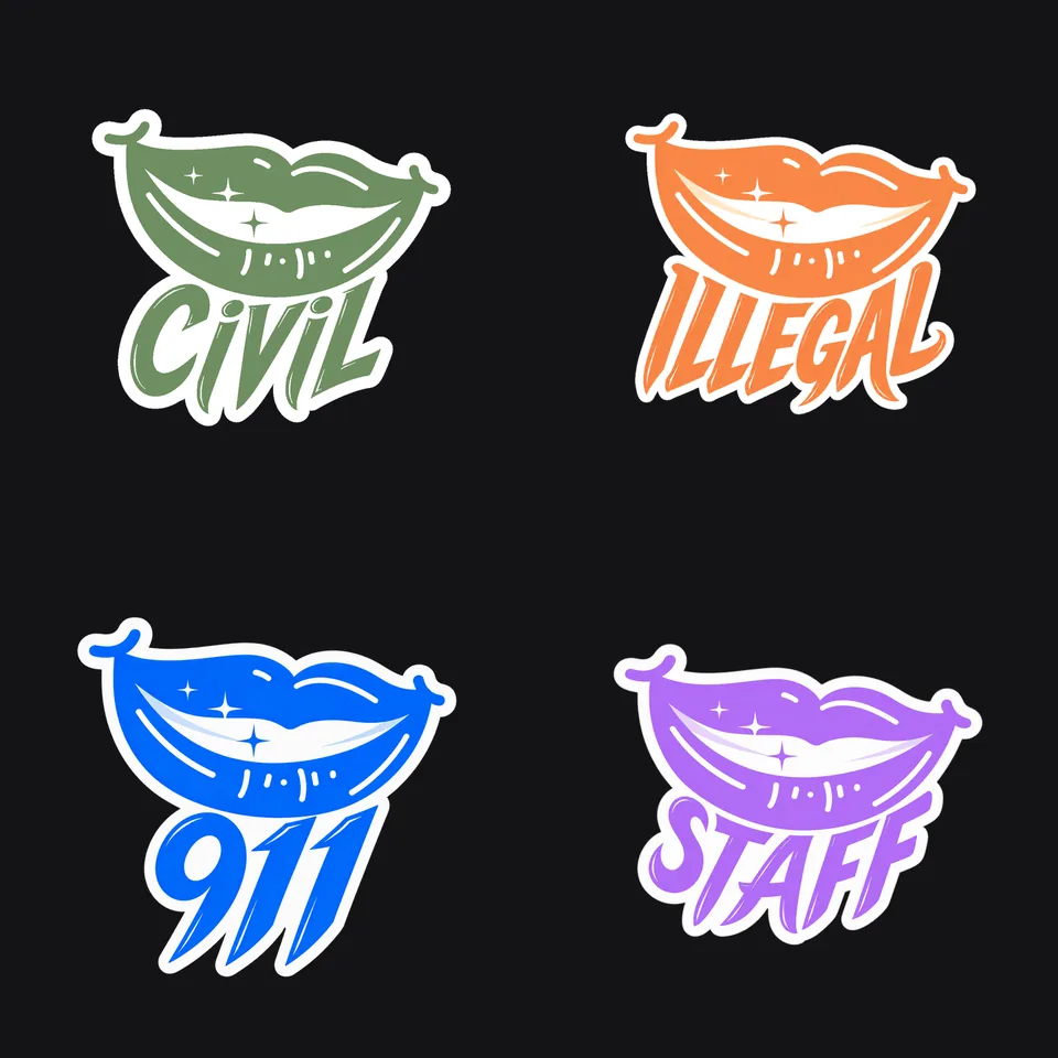 Quatre déclinaisons du logo : Civil en vert, Illegal en orange, 911 en bleu, Staff en violet