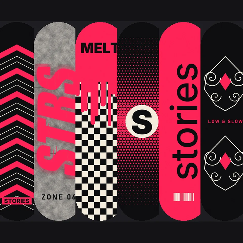 Six graphismes de planches de skateboard en rose, noir et crème