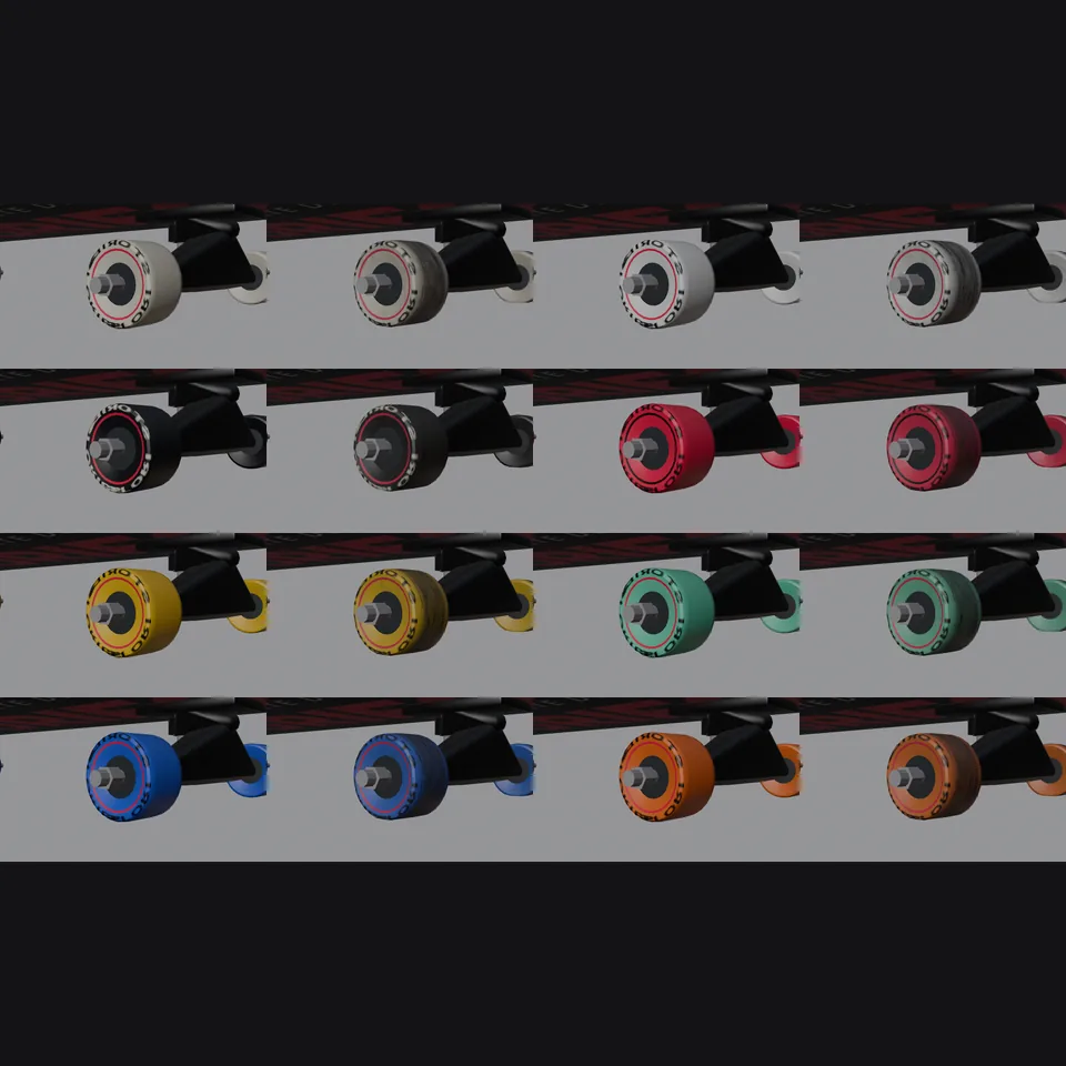 Planche de seize roues de skateboard en huit couleurs, neuves et usées