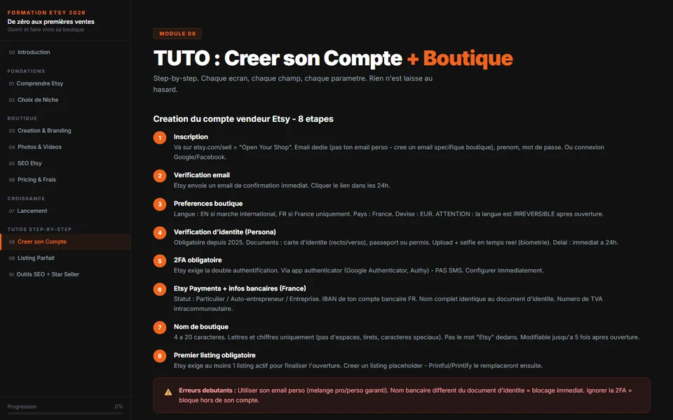 Module tutoriel du support Etsy : les huit étapes de création du compte vendeur
