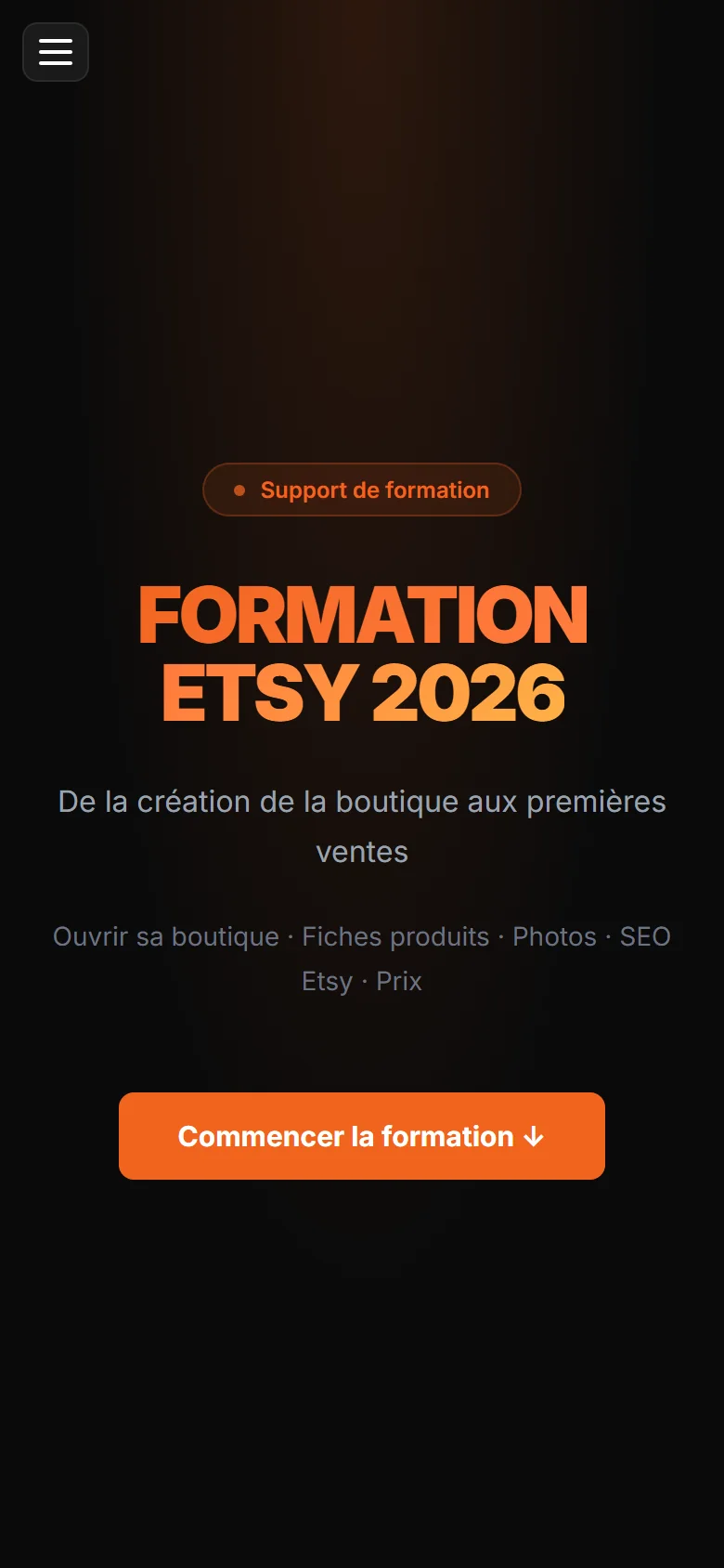 Version mobile du support de formation Etsy, avec menu repliable