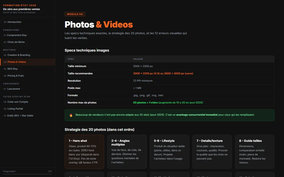 Module photos du support Etsy : caractéristiques techniques des images et ordre conseillé des photos