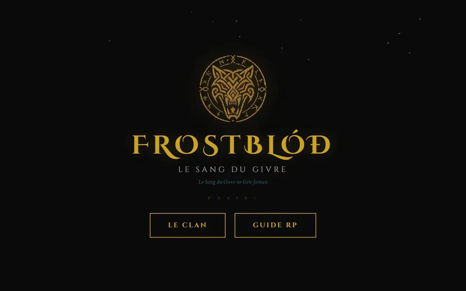 Page d'accueil du site FROSTBLÓÐ réalisé par Valify : emblème du loup, chute de neige, boutons Le Clan et Guide RP