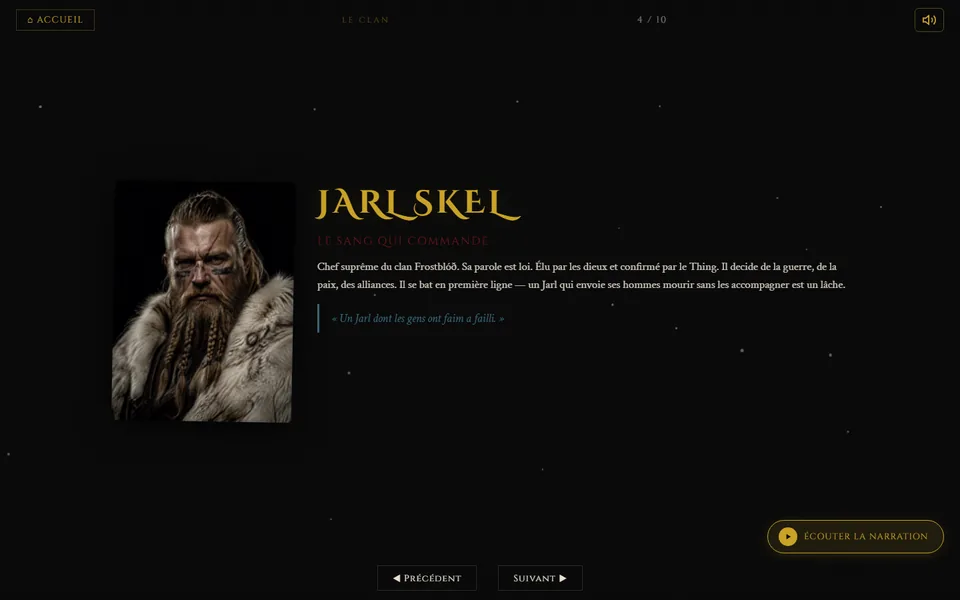 Portrait du Jarl Skel, chef du clan FROSTBLÓÐ, avec sa présentation
