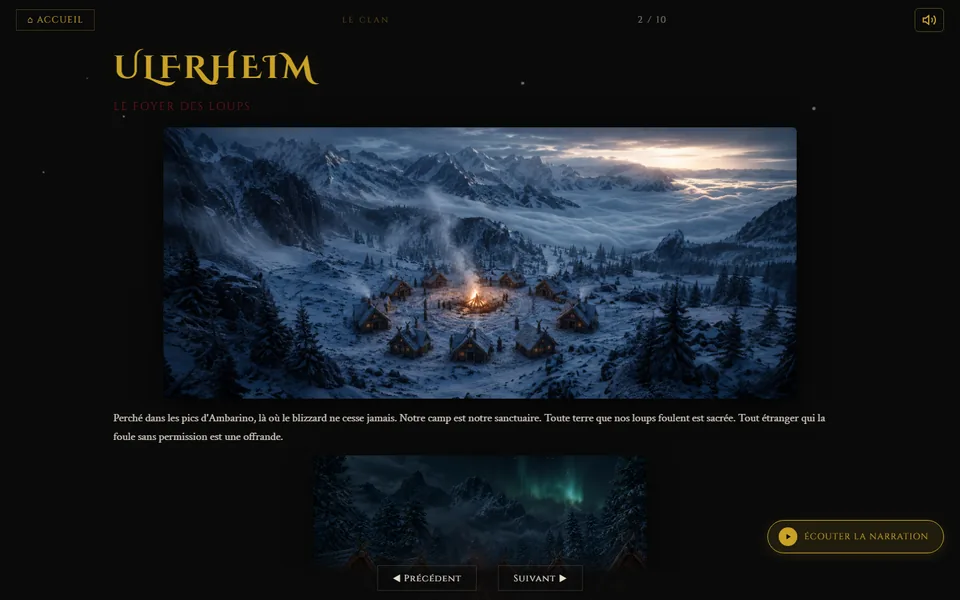 Écran Ulfrheim du site FROSTBLÓÐ : illustration du camp du clan dans les montagnes enneigées et bouton Écouter la narration