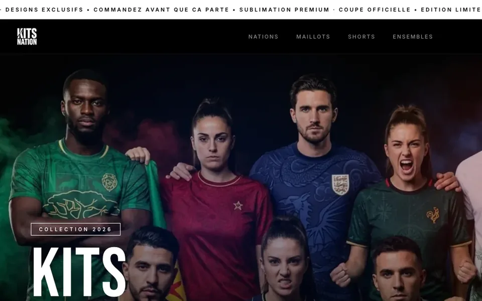 Page d'accueil de la boutique Kits Nation : maillots de football concept portés par des joueurs de plusieurs nations