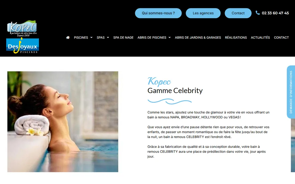 Page de la gamme de spas Celebrity sur kopec-piscines.fr, le site du client, montrée pour le contexte