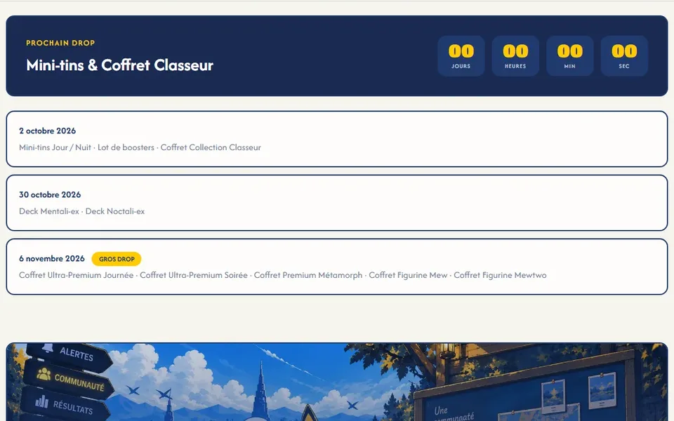 Calendrier des prochains drops sur Pokexa, avec compte à rebours et sorties datées