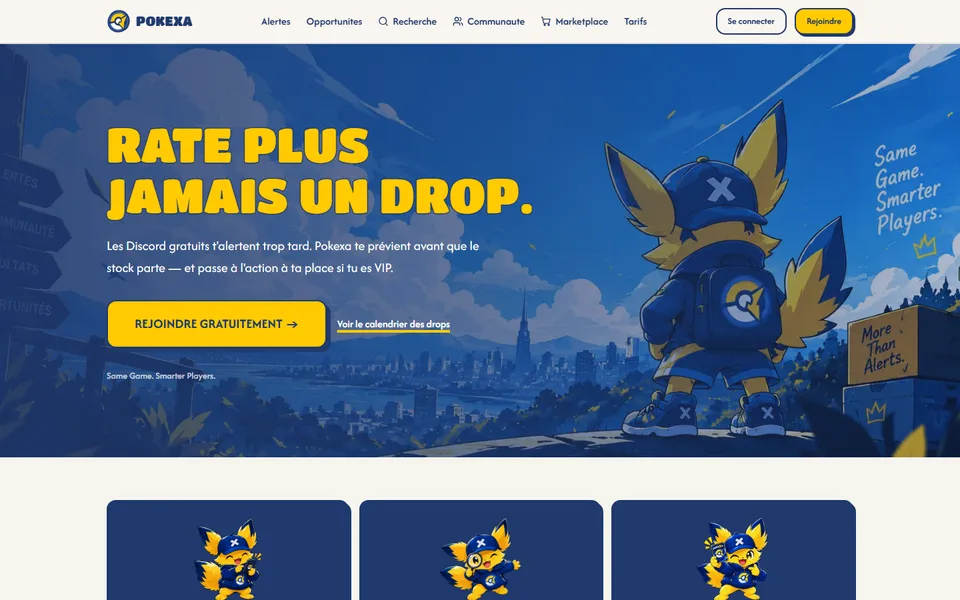 Page d'accueil de la landing SaaS Pokexa : accroche « Rate plus jamais un drop. » et bouton « Rejoindre gratuitement »