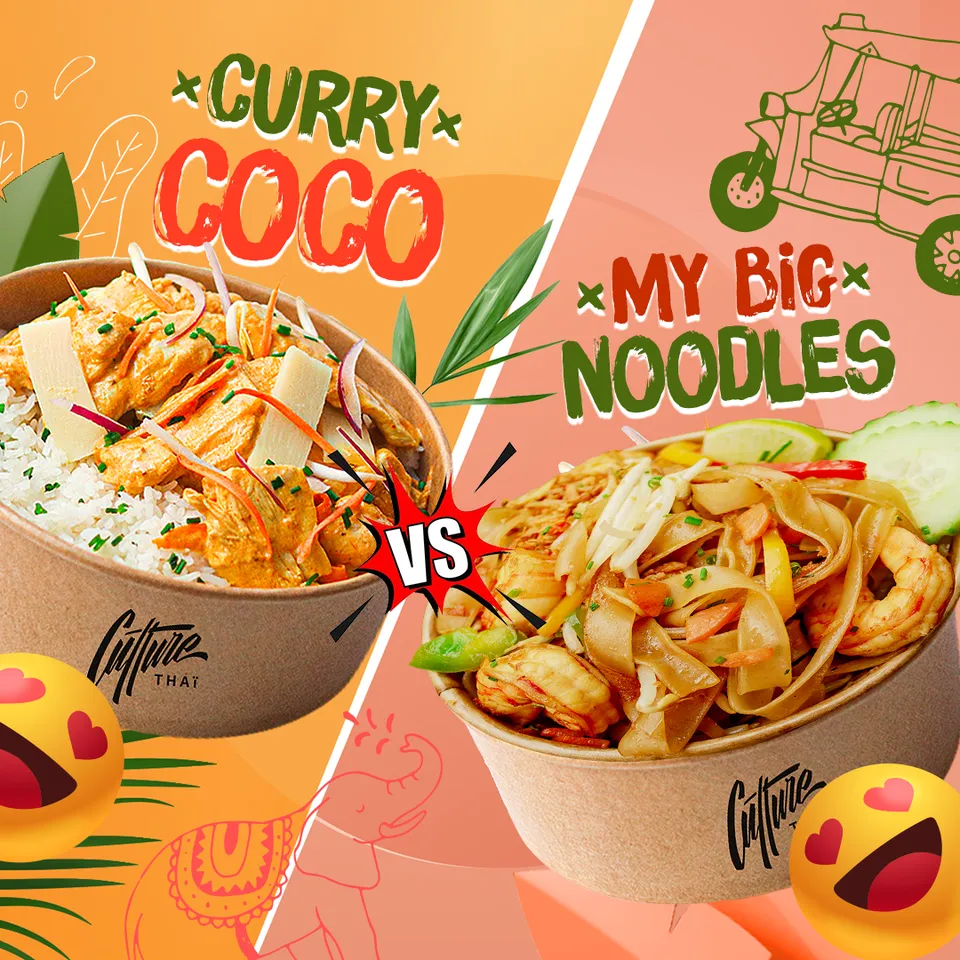 Visuel Instagram « duel » entre un curry coco et des nouilles sautées pour un restaurant thaï