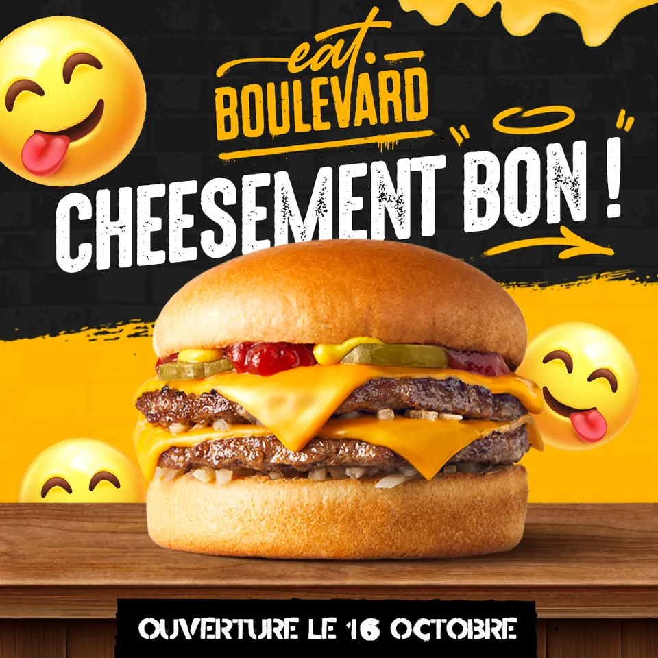 Visuel burger double cheese annonçant l'ouverture d'un restaurant de burgers