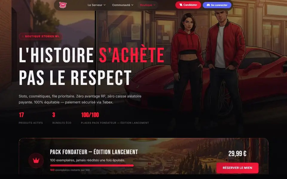 Boutique Stories WL : cosmétiques, zéro avantage RP, paiement via Tebex, Pack Fondateur limité à 100 exemplaires