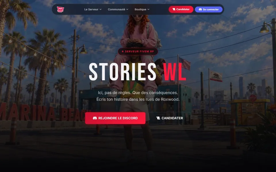 Page d'accueil du site Stories WL : serveur FiveM RP, boutons Rejoindre le Discord et Candidater