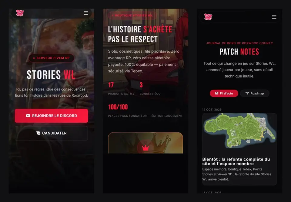 Version mobile du site Stories WL : accueil, boutique et patch notes