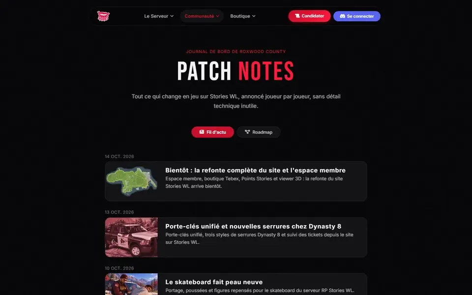 Page des patch notes de Stories WL avec fil d'actualité et roadmap