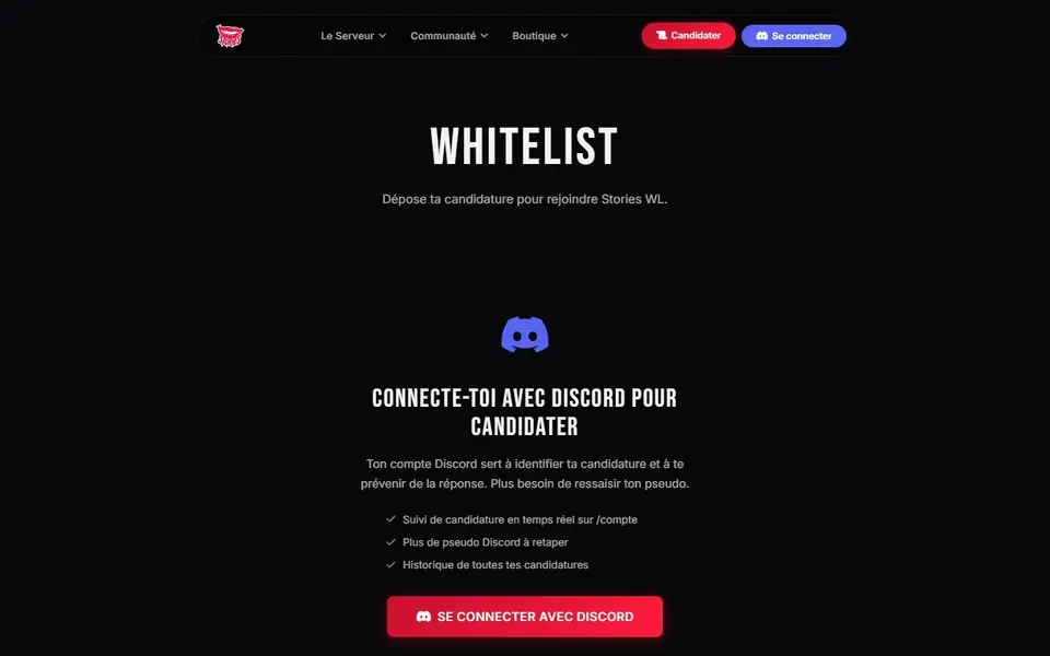 Page de candidature à la whitelist de Stories WL