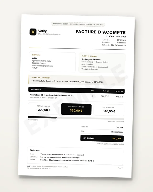 Facture d'acompte Valify : rappel du devis, acompte de 30 % mis en avant et solde restant