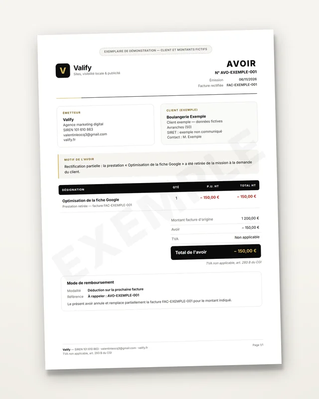 Avoir Valify : motif, prestation créditée en négatif et référence à la facture d'origine