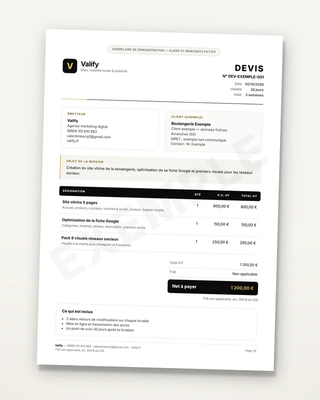Devis Valify, page 1 : émetteur, client exemple, objet de la mission, tableau des prestations et total