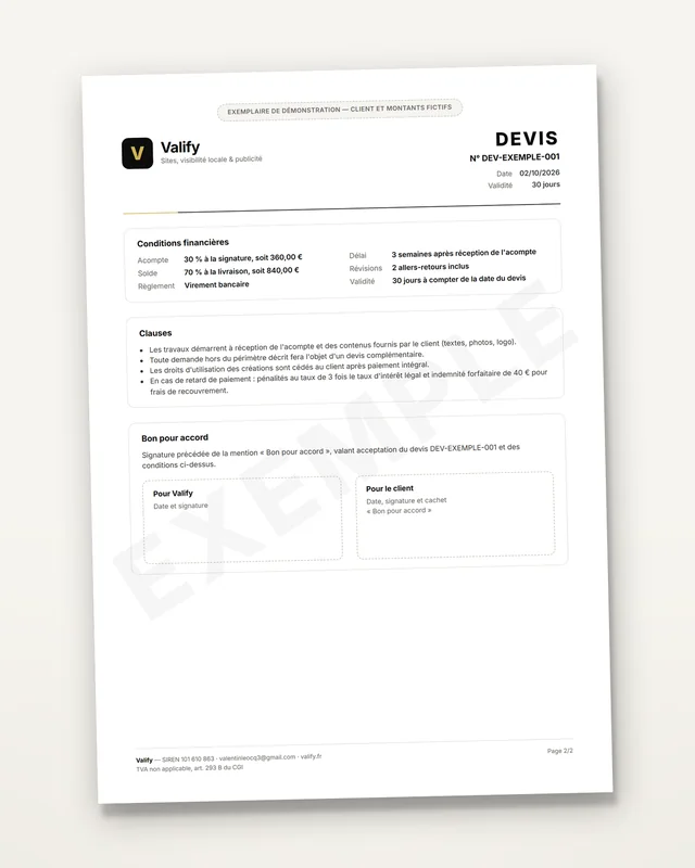 Devis Valify, page 2 : conditions financières, clauses et zone de signature « Bon pour accord »