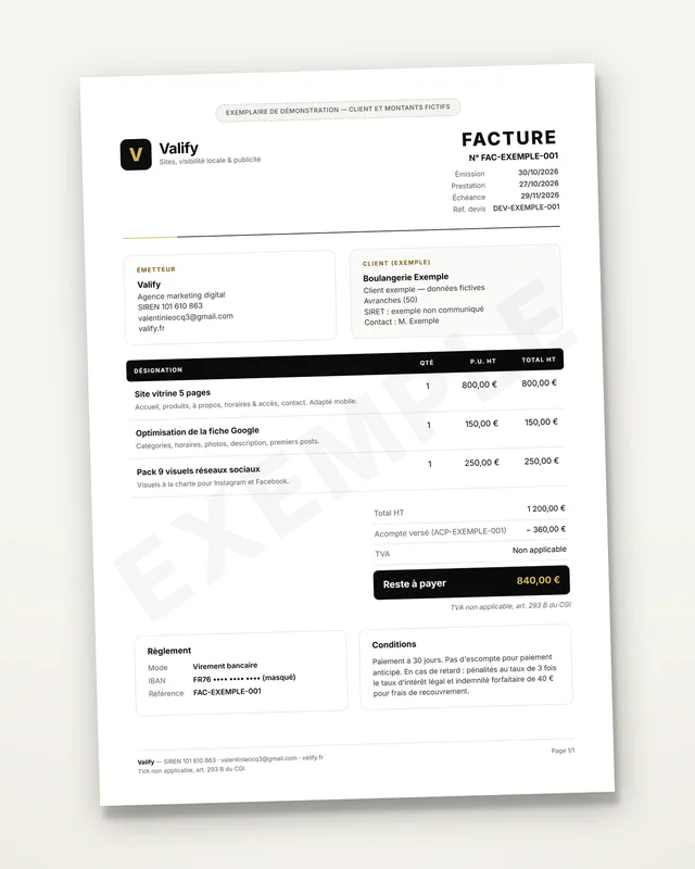Facture Valify : prestations, déduction de l'acompte, reste à payer et conditions de règlement