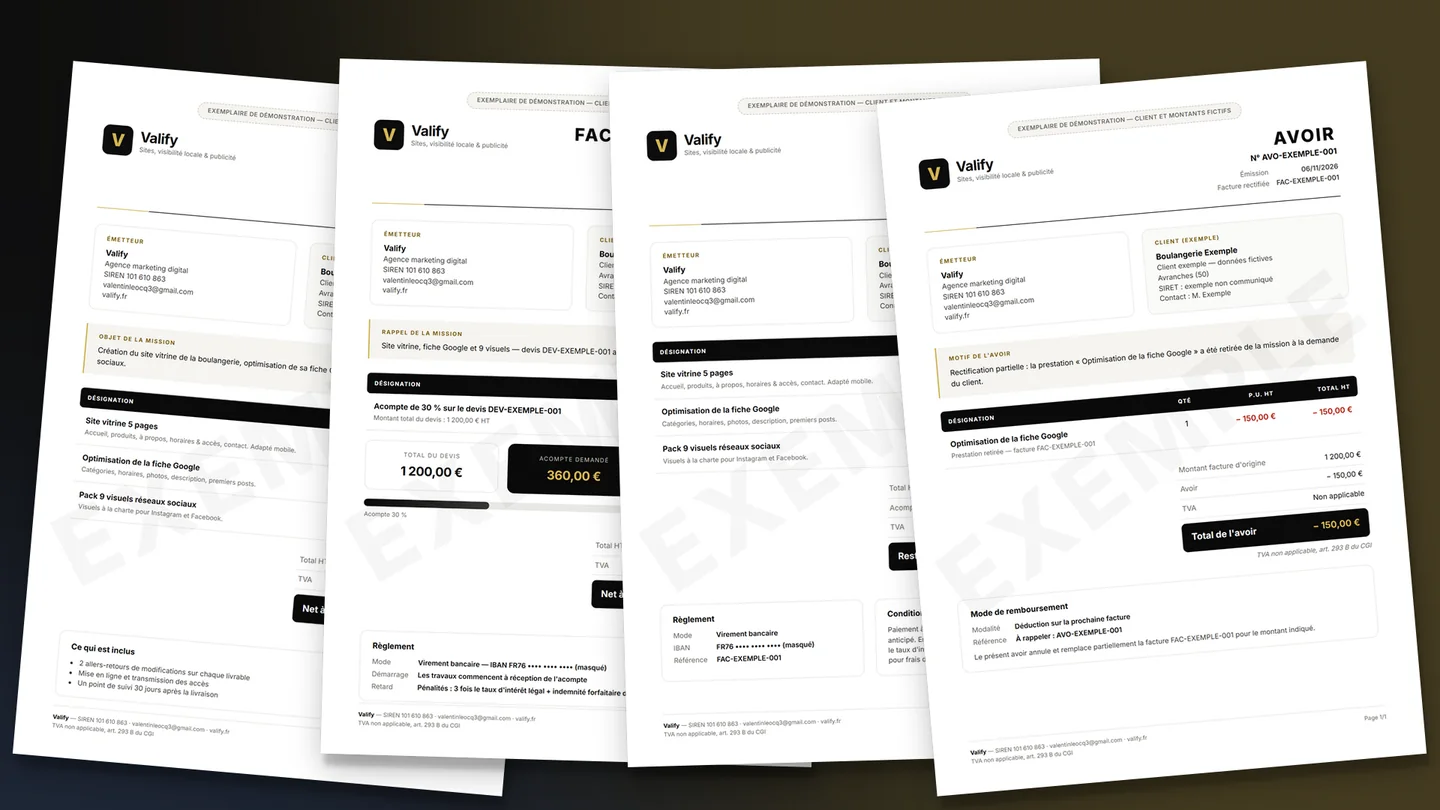 Les quatre modèles Valify côte à côte : devis, facture d'acompte, facture et avoir, remplis avec un client fictif